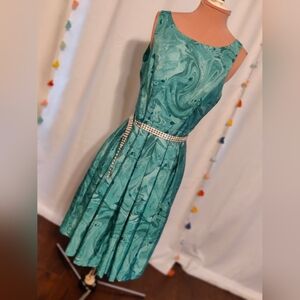 Modcloth Spring Green marble Fit & Flare big box pleats Pockets minimalist chic